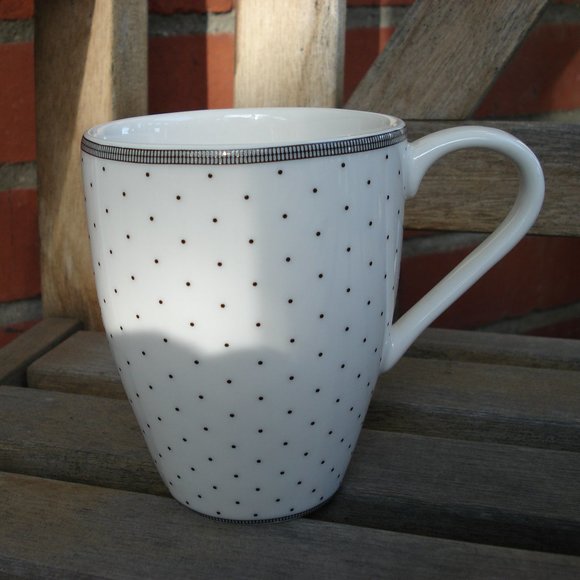222 FIFTH AUDREY BLACK & WHITE POLKA DOTS PORCELAIN COFFEE CUP - Picture 1 of 5